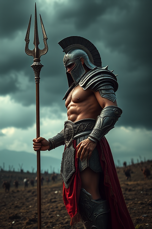 create a hyper-realistic image of a muscular warrior in ornate armor holding a trident, standing in a dramatic battlefield with dark stormy clouds, shot with a Canon EOS R5, 85mm lens, f/1.4 aperture, ISO 100, brightening the details and enhancing contrast for dynamic lighting