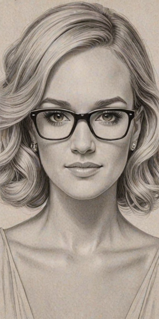 Charming Carrie Underwood, pencil sketch, portrait of Exquisite woman 1939s in glasses, hair style beatnik, outline, clear lines, fine lines, 8k