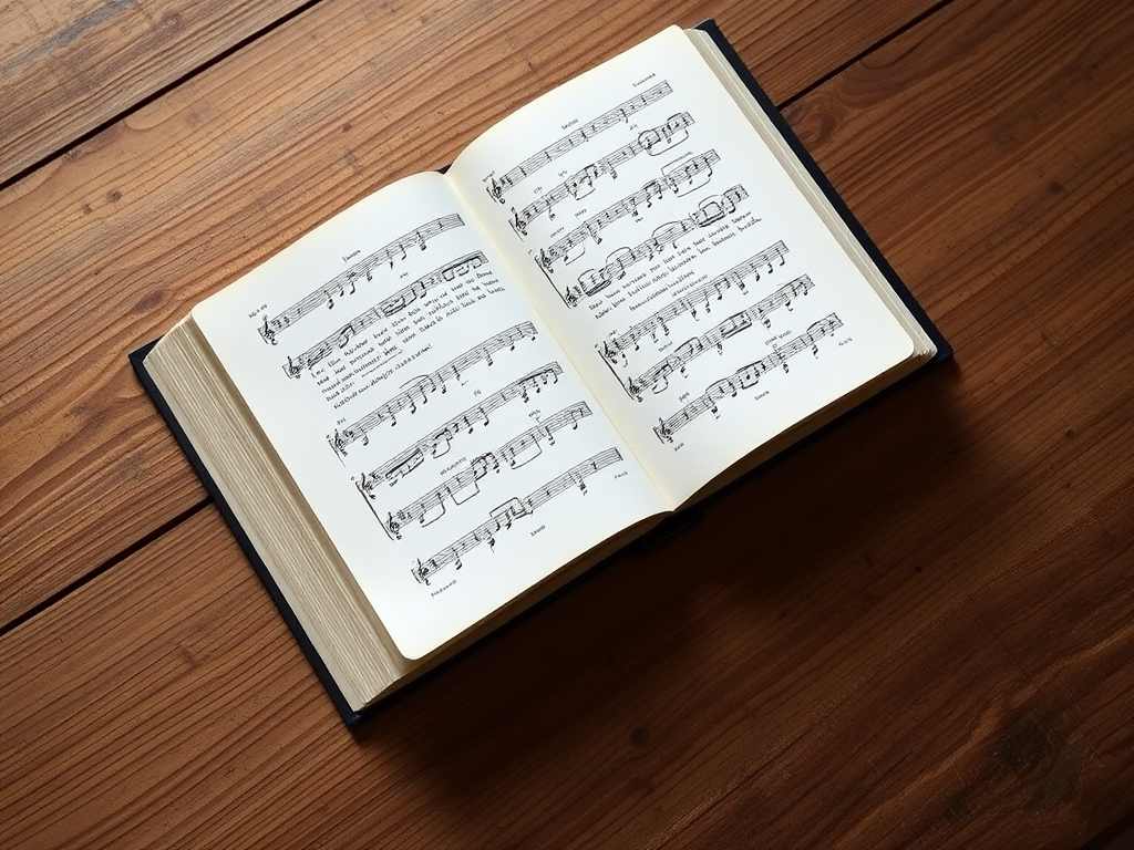 open book on wooden table with visible sheet music, natural lighting, shallow depth of field, ISO 200, f/2.8, 50mm lens, DSLR camera, top-down view