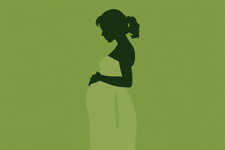 Generate a digital illustration of a silhouette of a pregnant woman in profile, wearing a light dress, against a muted green background, using a soft focus effect, 50mm lens, f/1.8 aperture, and natural light for enhanced depth and detail.