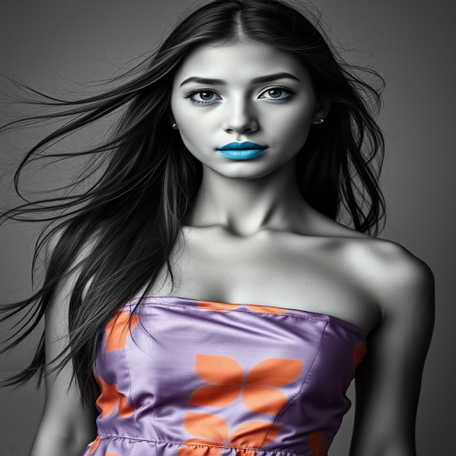 Photographic image of a beautiful young Mapuche woman, cyan eyes, lips with cyan lipstick, long hair fluttering in the wind and wearing a silk strapless dress with a soft purple and orange print. monochrome image with only color highlights in the iris of the eyes, lipstick and dress. Gray background.