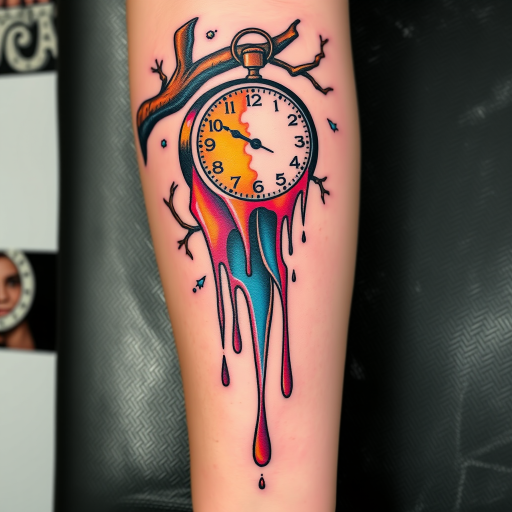 Avant-garde tattoo blending surrealism and abstract elements, depicting a melting clock dripping down a tree branch, with bold color transitions, titled "Time's Fluidity"