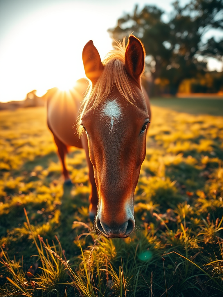 photograph of a brown horse grazing in a sunlit field during golden hour, wide angle lens, aperture f/2.8, shutter speed 1/500s, ISO 100, soft focus background, vibrant colors, natural light