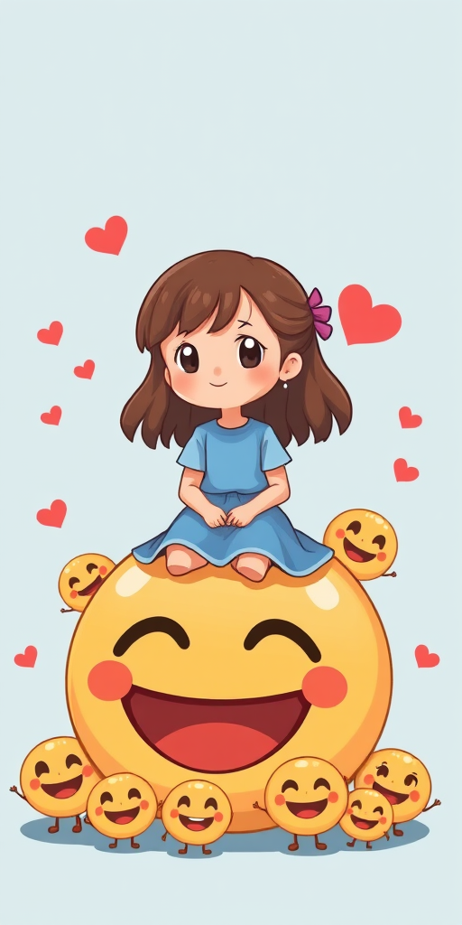 Create a whimsical illustration of a girl sitting on a large smiling emoji, surrounded by smaller emojis, in a cartoon style, using a Canon EOS R5 camera with a 50mm lens, aperture set to f/2.8, ISO 100, shot from a slightly low angle to enhance the character's expression against a soft blue background.