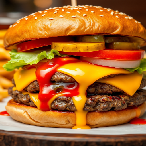 High-resolution, close-up image of a gourmet double cheeseburger. The burger features a glossy, sesame-seed-topped brioche bun. Inside, there are two thick, juicy beef patties, each topped with melted cheddar cheese. The burger is garnished with fresh lettuce, tomato slices, diced onions, and pickles. A generous amount of ketchup and a creamy, orange-colored sauce is dripping down the sides, adding to the mouth-watering appeal. In the background, there are blurred elements including a side of golden French fries and a hint of a beverage, enhancing the overall presentation of a delicious meal.