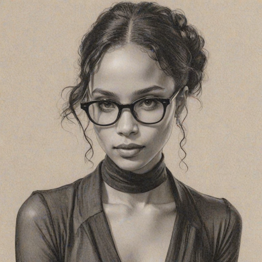 Sublime Zo' Kravitz, pencil sketch, portrait of Stunning woman 1926s in glasses, hair style beatnik, outline, clear lines, fine lines, 8k