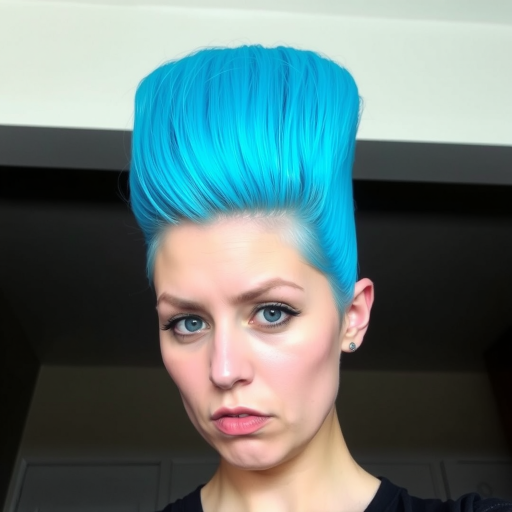 Image of a woman with their hair styled upright,  in a cylinder shape. The hair  color is neon blue and appears to be held in place by a hair product, giving it a fluffy texture. The background is nondescript, and the person's face is looking at the viewer nervously.