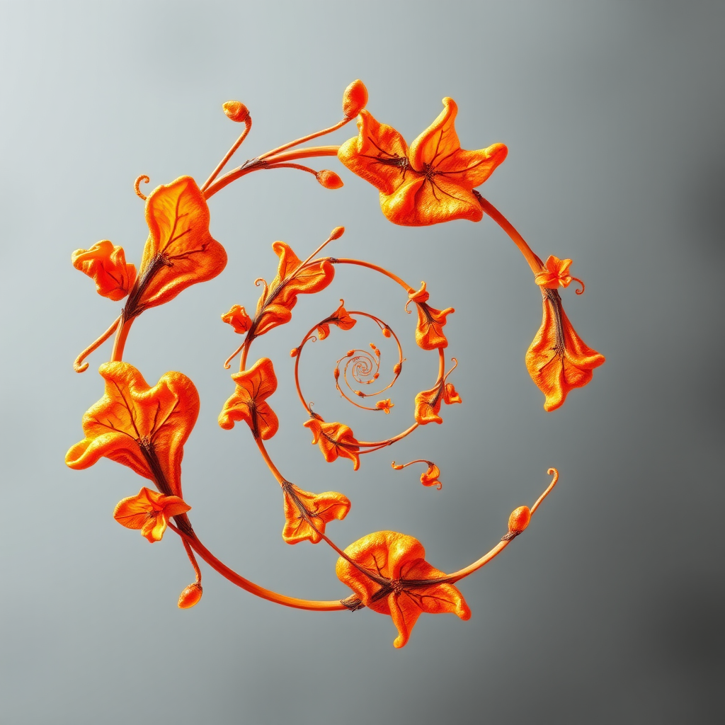 Generate an intricate swirl design with vibrant orange elements on a transparent background, using a DSLR camera with a 50mm lens, f/1.8 aperture, ISO 100, and natural lighting for enhanced color depth and clarity.