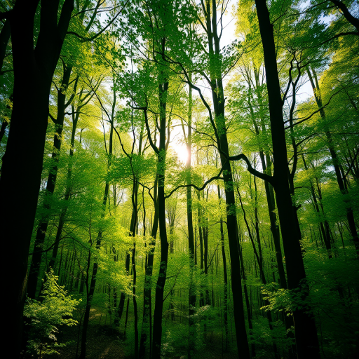 Generate a high-resolution image of a mystical forest with vibrant green trees, soft sunlight filtering through the leaves, taken from a low angle with a 35mm lens, aperture set to f/2.8, ISO 100, using a DSLR camera in portrait mode for enhanced depth and clarity.