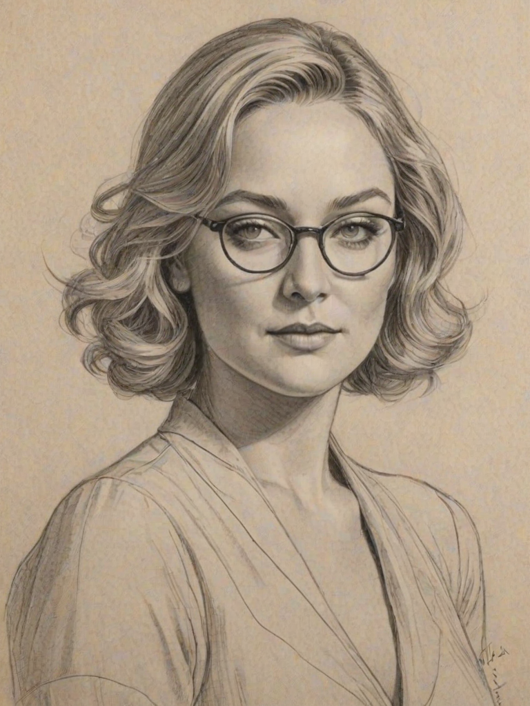 Bewitching Elisabeth Rohm, pencil sketch, portrait of Wonderful woman 1926s in glasses, hair style beatnik, outline, clear lines, fine lines, 8k