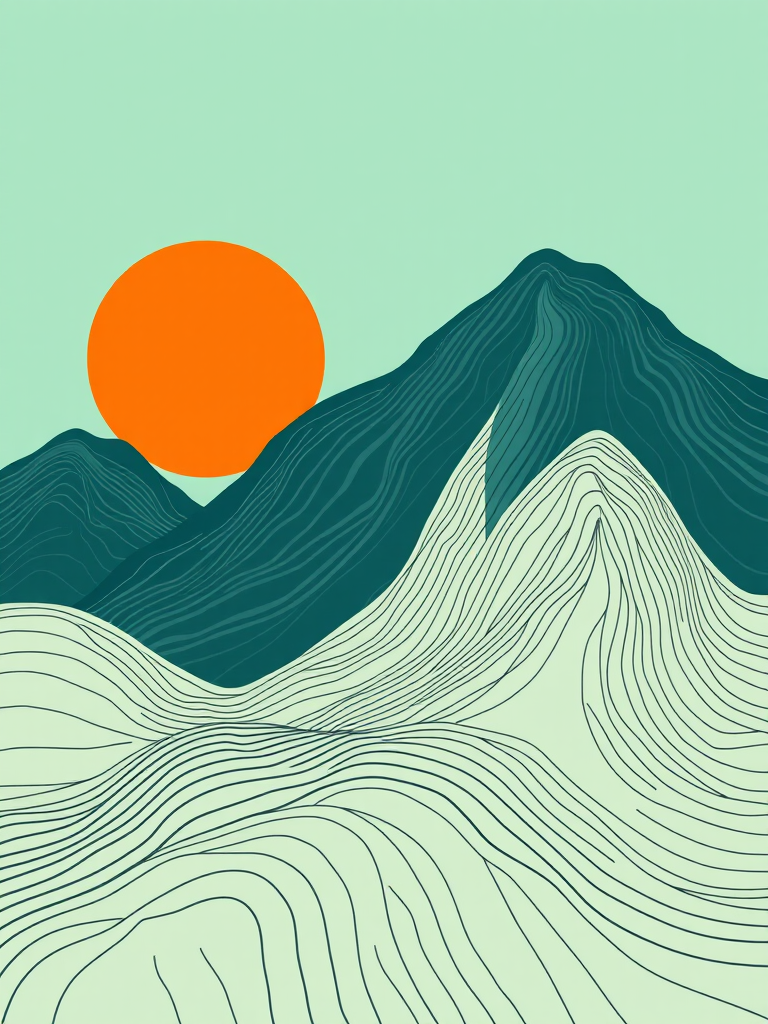 Create a digital illustration of abstract mountains with flowing lines, featuring a large orange sun on a mint green sky background, using a Canon EOS R5 camera with a 50mm f/1.2 lens, aperture set to f/8, ISO 100, and a soft natural light style to enhance image quality.