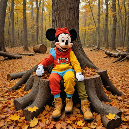 create a cartoon style of Mickey and Minnie wear Fall theme colored sweat suits with timberland boots and Bernie hats sitting together on a big tree stump surrounded by large color pile of raked leaves