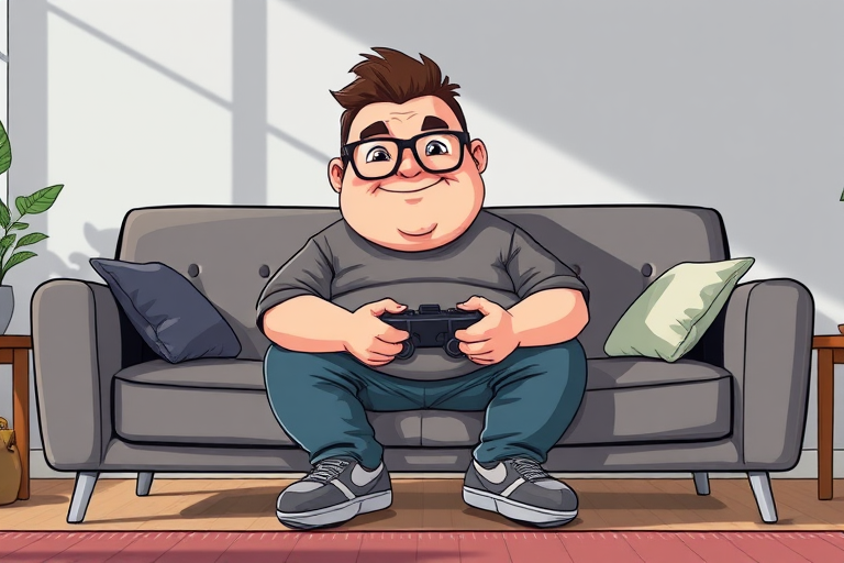 Create a stylized illustration of a chubby man with glasses sitting on a modern gray sofa, holding a game controller, in a playful cartoon style, using a DSLR camera with a 50mm lens, f/1.8 aperture, 1/60s shutter speed, and natural light to enhance color vibrancy and detail.