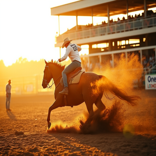 capture a dynamic rodeo scene featuring a rider skillfully controlling a horse in mid-action with dust flying, shot during golden hour with a shallow depth of field, using a DSLR camera with a 50mm lens at f/2.8, ISO 200, shutter speed 1/1000s, from a low angle to emphasize the motion and excitement of the event