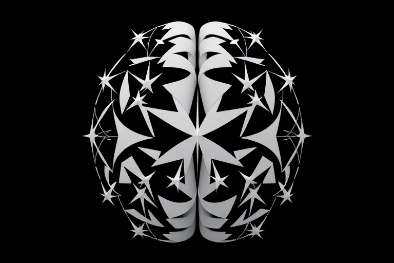 Create an abstract representation of a brain using white geometric star shapes on a solid black background, shot with a DSLR camera at f/8 aperture, 50mm lens, and ISO 100 for clarity, with a top-down view for symmetry and depth.