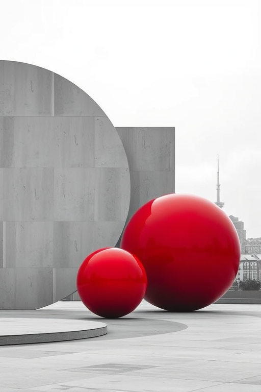 Create an abstract art piece featuring large geometric shapes, two red spheres, and a city skyline in grayscale, captured with a high-resolution DSLR camera, lens aperture set to f/2.8, ISO 100, shot from a wide-angle view to enhance depth and perspective.