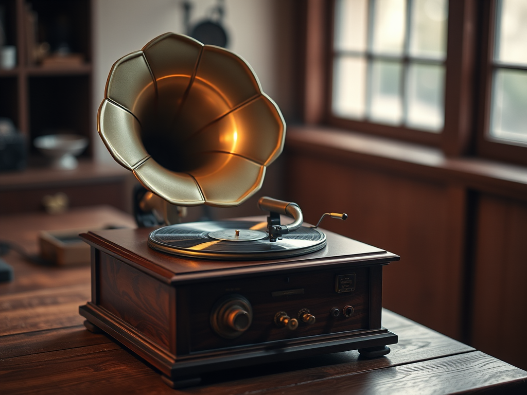 vintage gramophone on a wooden table, studio lighting, shallow depth of field, camera settings: ISO 100, f/2.8, 1/60s, 50mm lens, DSLR camera, high-resolution image