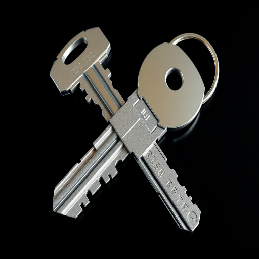 Create a high-resolution 3D render of a metallic key with a shiny silver finish, captured from a top-down view, using a DSLR camera at f/2.8 aperture, 50mm lens, ISO 100, in bright natural light to enhance reflections and details.