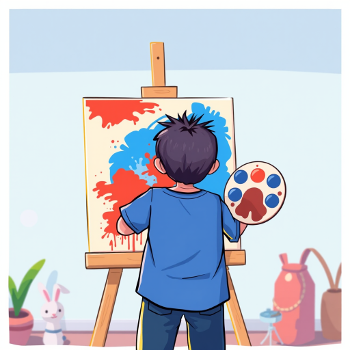 Create a vibrant cartoon-style image of a person painting on a canvas, facing away with a palette in one hand, using bright colors like blue and red, with soft shadows and a playful background; camera settings: f/4, ISO 100, 1/60s; camera view: medium shot; camera style: digital illustration; camera type: DSLR.