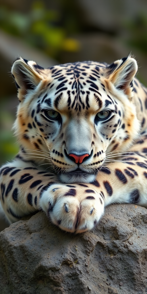 Close-up of a resting snow leopard on a rock, natural lighting, shallow depth of field, ISO 200, f/2.8, 85mm lens, using a DSLR camera for enhanced detail and clarity.