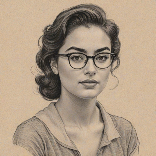 Enchanting Alanna Masterson, pencil sketch, portrait of Magnificent woman 1950s in glasses, hair style beatnik, outline, clear lines, fine lines, 8k