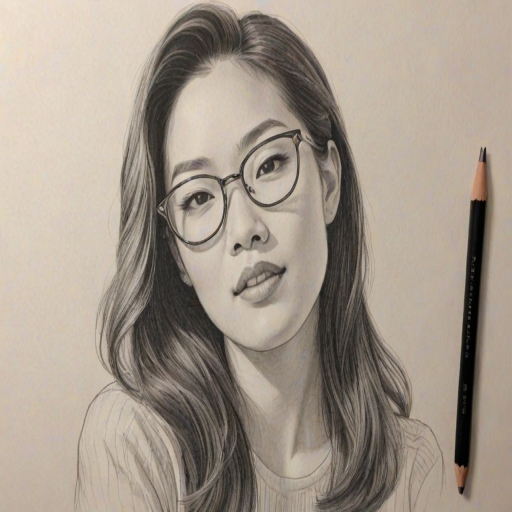 Delightful Arden Cho, pencil sketch, portrait of Exquisite woman 1953s in glasses, hair style beatnik, outline, clear lines, fine lines, 8k