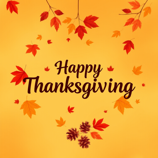 Create a warm and festive autumn-themed image with a gradient background of orange and yellow hues. Include a variety of falling leaves in shades of red, orange, and brown. In the center, display the text "Happy Thanksgiving" in a stylish and inviting font, using a dark brown color for contrast. Add subtle decorative elements like pine cones and additional leaves for a cozy, seasonal feel.