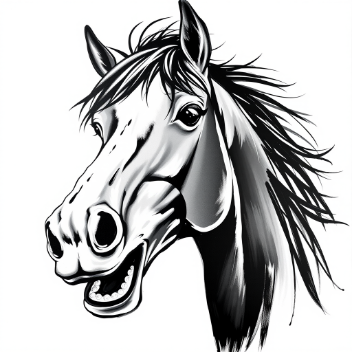 Abstract black and white acrylic portrait of an over exaggerated laughing (horse). Minimalism style. White background.
