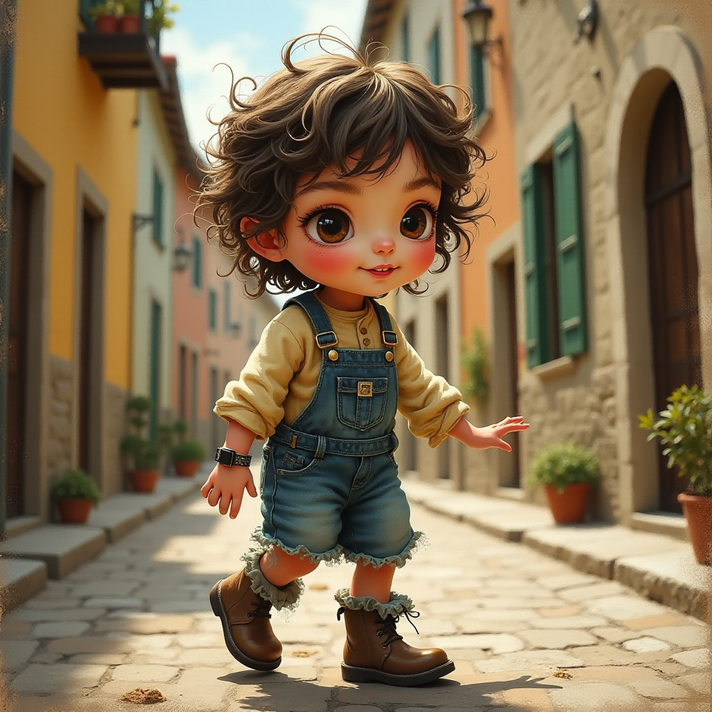 Whimsical little 3-year-old girl wearing scruffy tomboy clothes, boots, messy hair heavily blushed cheeks, pink lips, closely dancing in the street of an Italian village,Textured painterly fantasy artistic mixed media