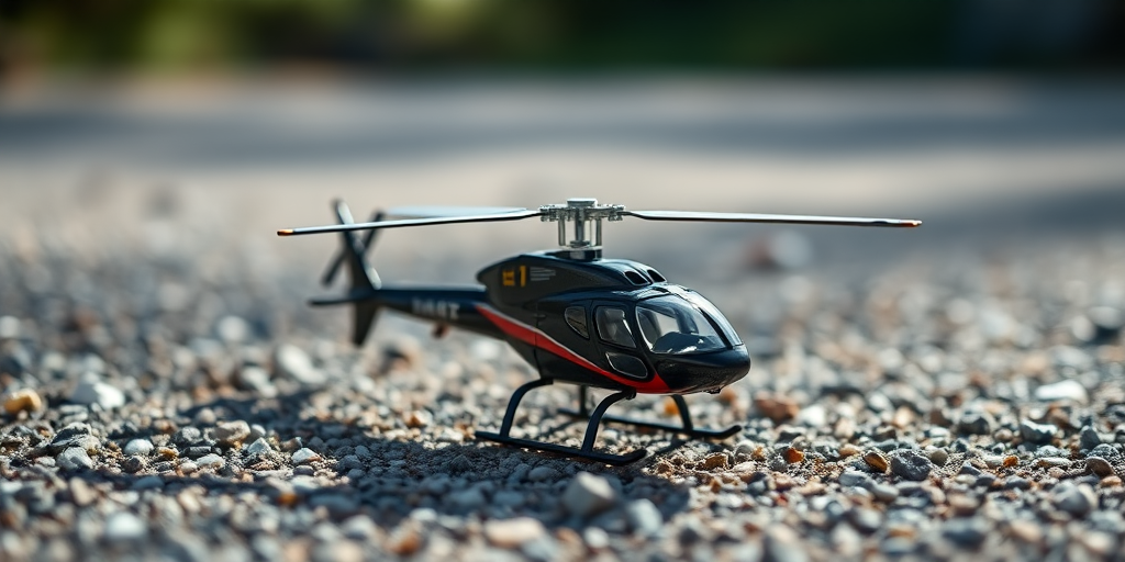 helicopter model on a gravel surface, shot with a 50mm lens, f/2.8 aperture, ISO 100, natural light, low angle view, shallow depth of field, DSLR camera