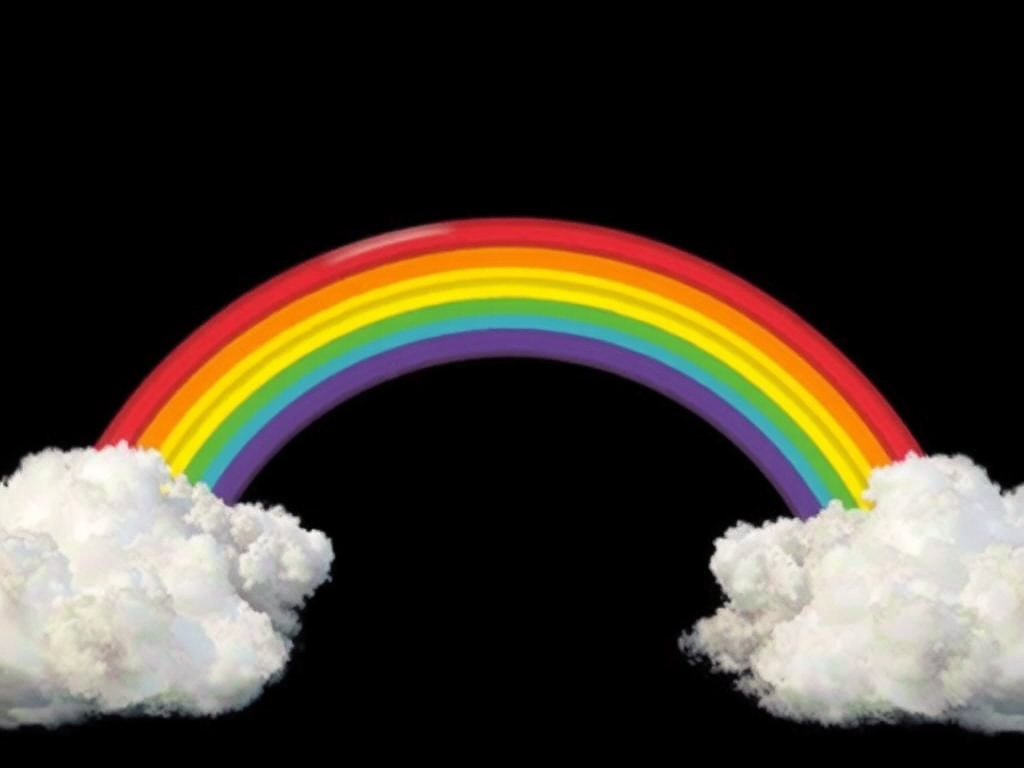 Regenerate a colorful rainbow with vibrant bands of red, orange, yellow, green, blue, indigo, and violet, positioned above fluffy white clouds, shot with a DSLR camera at f/8, ISO 200, 1/125s, using a wide-angle lens at 24mm for a bright and clear view against a solid black background.