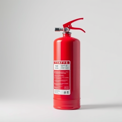 Create a high-resolution image of a fire extinguisher with a clean, minimalist background, using a DSLR camera at f/4 aperture, 50mm lens, 1/125 sec shutter speed, and ISO 200, captured from a slightly elevated angle to emphasize the shape and detail of the extinguisher.