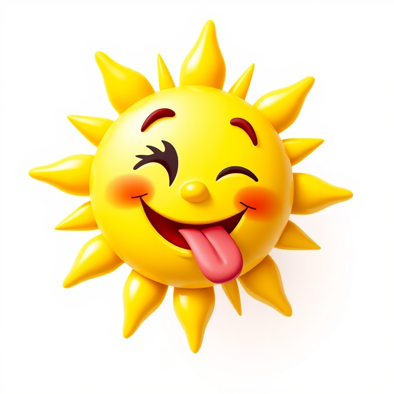 Create a smiling cartoon sun with a wink and tongue sticking out, bright yellow color, playful style, set against a white background, using a Canon EOS R5, f/2.8 aperture, ISO 100, 50mm lens, with a soft focus effect.