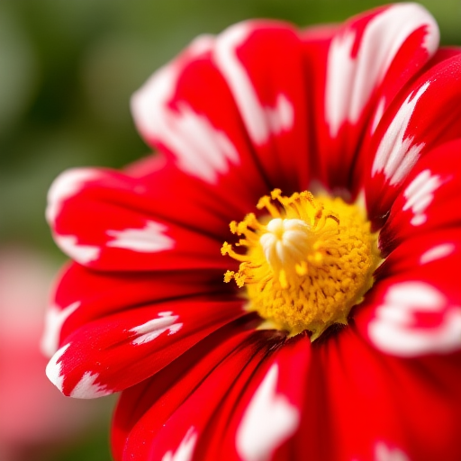 A close-up of a vibrant red and white flower with a yellow center, shot at f/2.8 aperture, ISO 100, 50mm lens, natural lighting, shallow depth of field, and soft focus background for enhanced bokeh effect.