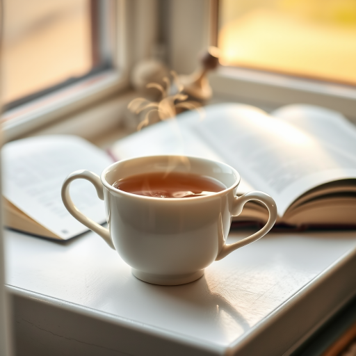 Close-up of a steaming cup of tea on a windowsill, soft natural light illuminating the delicate porcelain, with a teapot and an open book softly blurred in the background.