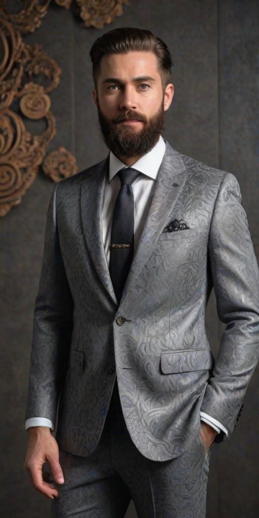 RAW photo, a candid full body portrait of a beautiful man with a beard in a grey suite printed with fractal art, 8k uhd, dslr, soft lighting, high quality, film grain, Fujifilm XT3