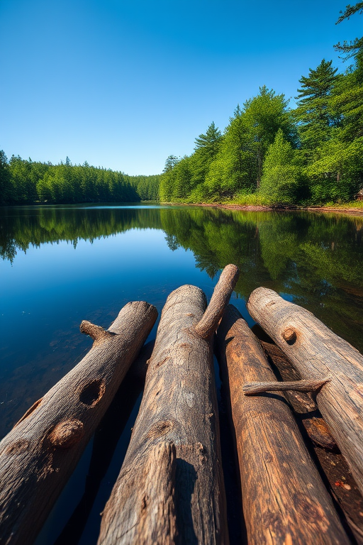 capture a serene lake scene with lush green trees and clear sky reflections, 50mm lens, f/8 aperture, ISO 200, natural light, shot from a low angle to emphasize foreground logs and mirror-like water surface, use a DSLR camera for high image quality