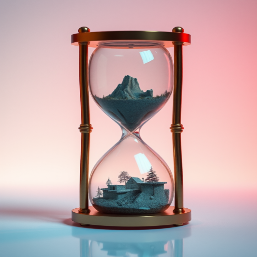 Create a high-resolution image of a futuristic hourglass with a detailed landscape scene inside, set against a gradient background, using a Canon EOS R5 camera with a 50mm lens, f/2.8 aperture, ISO 100, and a soft focus style, capturing intricate reflections and shadows for a vivid and immersive effect.