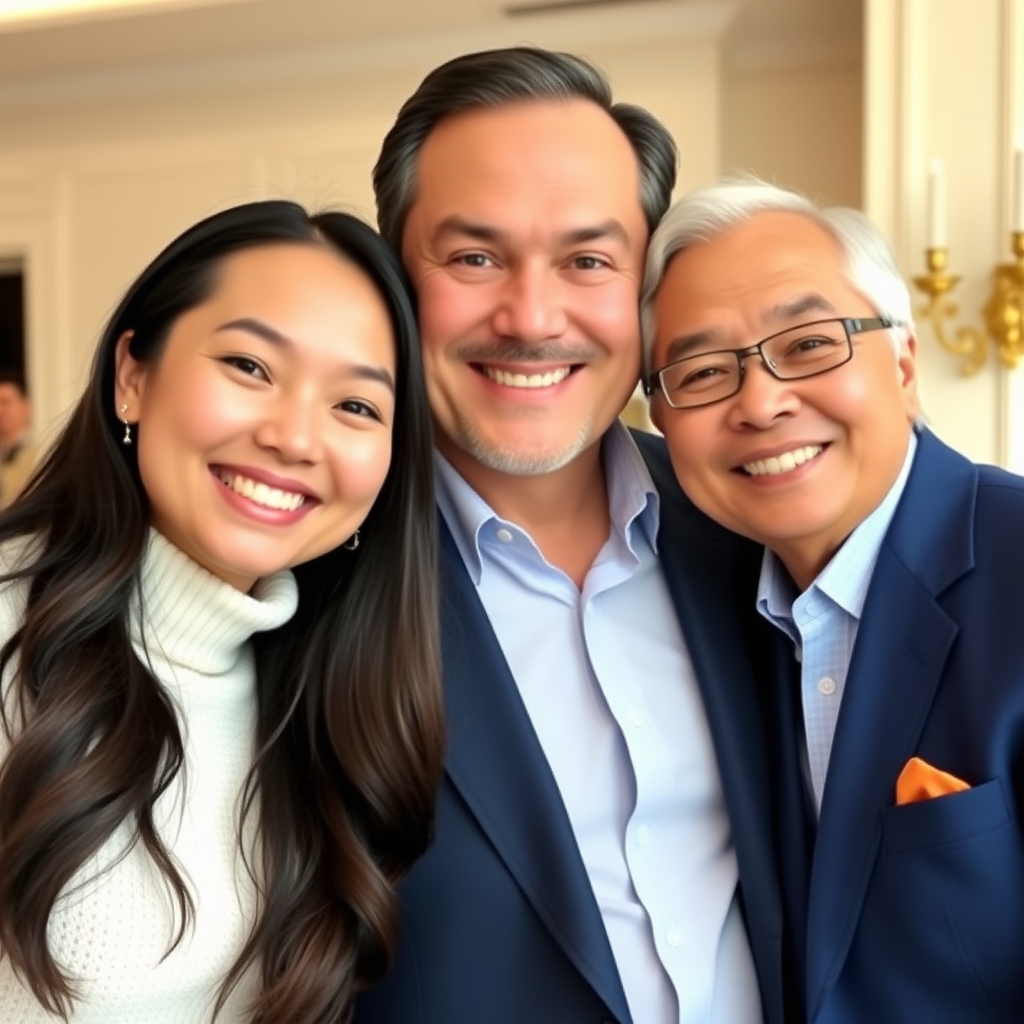 Create a heartwarming family portrait featuring two young women with long dark hair and a middle-aged man in a stylish blue suit all smiling together in an elegant indoor setting.