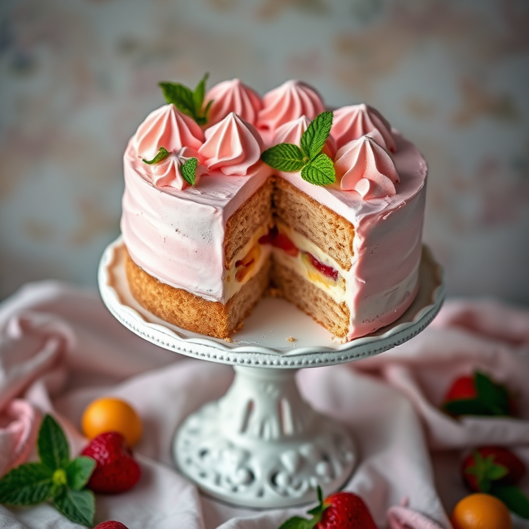 A beautifully layered cake with light brown sponge and pink frosting, topped with swirls of pink meringue and garnished with fresh mint leaves, displayed on a white ornate cake stand, with a slice cut out to reveal its creamy filling and fruit layers, surrounded by soft pastel colors and fresh fruit.