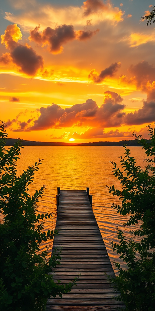 Generate a vibrant sunset scene over a calm body of water featuring a wooden dock extending into the lake, lush greenery framing the foreground, with clouds reflecting warm colors in the sky, shot with a Canon EOS R5, 24mm lens, f/11 aperture, ISO 100, shutter speed 1/125 sec, golden hour lighting.