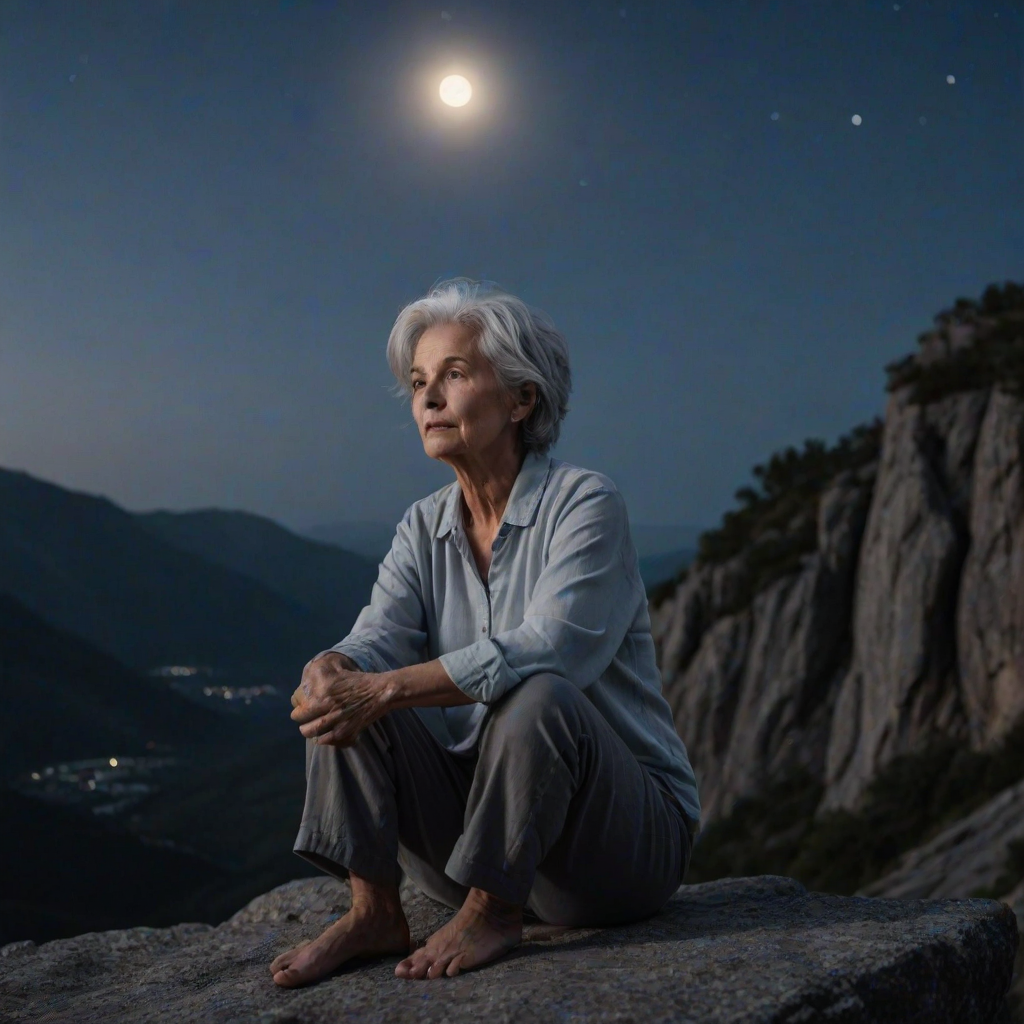 portrait of a contemplative older woman with silver hair sitting on a rocky ledge at night, full moon lighting the scene, slight breeze in the air, atmospheric mountains in the background, Canon EOS R5, 50mm f/1.2 lens, ISO 100, aperture f/2.8, shutter speed 1/125s, soft focus background for depth, twilight color grading