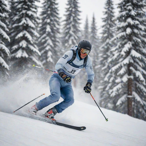 Blurry action shot of a skier racing down a snowy slope, soft focus on the distant snow-covered trees, with a feeling of speed and adrenaline filling the air.