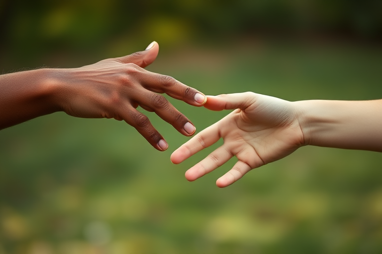 Create a high-resolution image of two hands reaching towards each other, one brown and one light-skinned, captured with a Canon EOS R5 camera at f/2.8, ISO 100, and a 50mm lens, using a soft focus style and natural light for enhanced quality.
