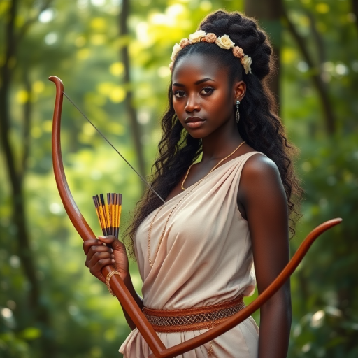 Create a portrait of a goddess-like Kikuyu girl figure in a tranquil, forested environment. She has an elegant appearance with long, wavy hair styled in an updo and adorned with a delicate, floral headband. She wears a flowing, ancient Greek-inspired gown in a soft, pale color, featuring a one-shoulder design and draped fabric that accentuates her graceful form. The outfit includes a decorative belt with ornate gold detailing, and she holds a bow in her hand, with a quiver of arrows slung over her shoulder. The background depicts lush greenery, with sunlight filtering through the trees, casting a gentle, ethereal light on the scene. Her expression is calm and contemplative, embodying a sense of wisdom and serenity.
