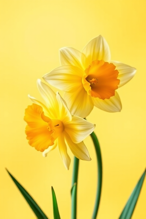Create a vibrant illustration of three daffodils in a minimalist style with a soft yellow background, focusing on vivid colors and intricate details, captured with a DSLR camera, 50mm lens, f/2.8 aperture, ISO 100, natural light, and slightly blurred background for depth.