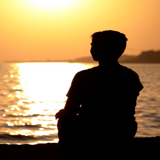 silhouette of a person sitting by a shimmering body of water during sunset, shallow depth of field, aperture f/2.8, ISO 100, 50mm lens, backlight, portrait orientation, DSLR camera