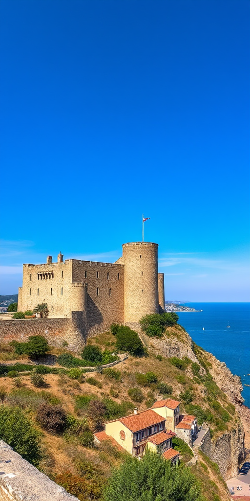 Generate a high-resolution image of a historic castle overlooking a coastal town, captured with a Canon EOS 5D Mark IV, aperture f/8, shutter speed 1/200s, ISO 100, shot from a slight angle to showcase the architecture against a vibrant blue sky, using landscape photography style.