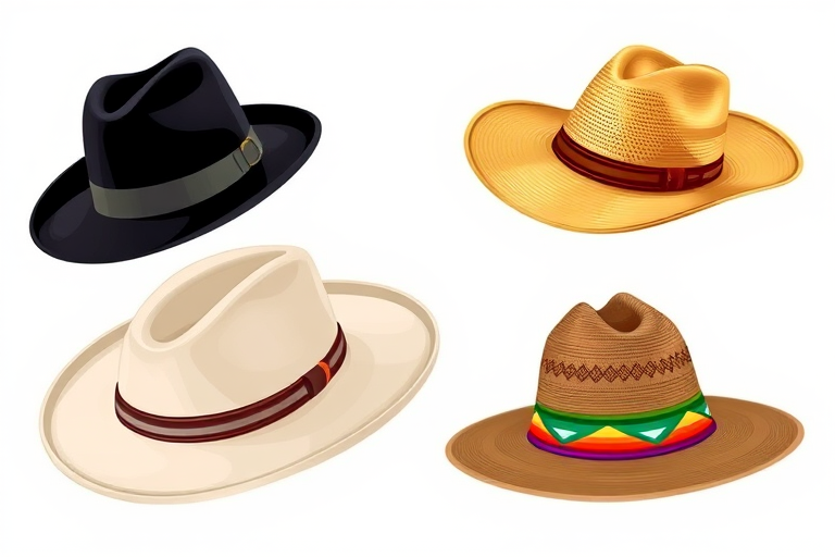 Create a high-resolution illustration of assorted hats, including a black fedora, a gold cowboy hat, a white sombrero, and a wide-brimmed hat with a colorful band, using a DSLR camera with a 50mm lens, f/2.8 aperture, ISO 100, and natural lighting to enhance details and colors.