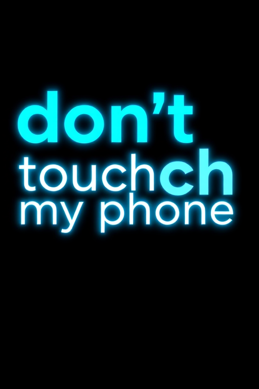 Create an image featuring the text "don't touch my phone" in a bold, modern font with a glowing blue and teal effect, set against a solid black background, using a DSLR camera with a 50mm lens, aperture f/1.8, shutter speed 1/250s, and ISO 100 to enhance clarity and brightness.